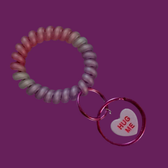 Hand Crafted Accessories - CONVERSATION HEART CHARM on Fuchsia/Pink Metal Key Ring w/Spiral Stretch Band